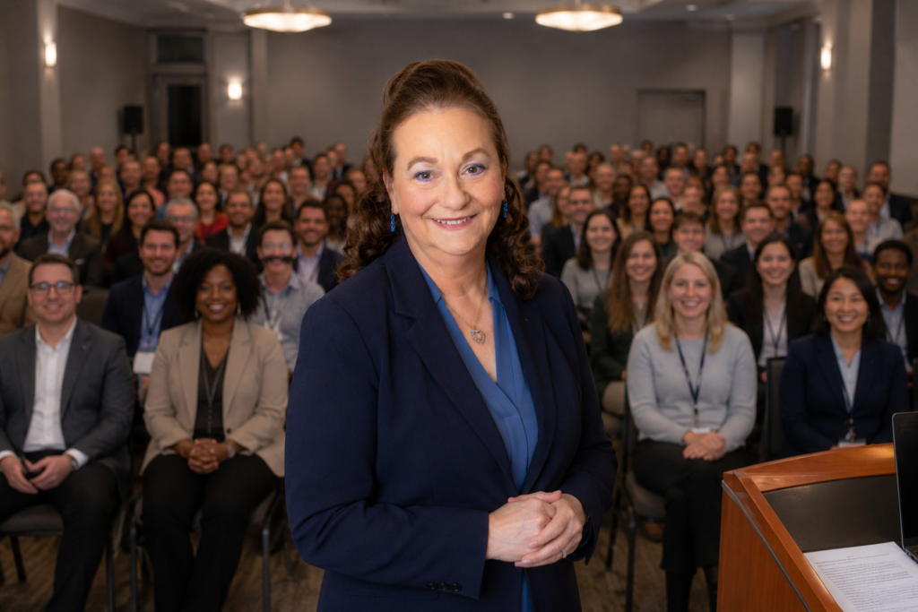 Nancy in front of a room of 50 people